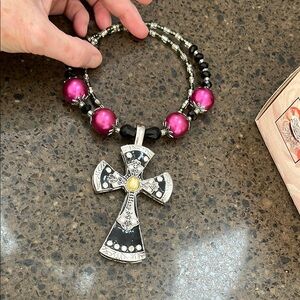 Silver Cross Pendant Necklace with Pink Beads